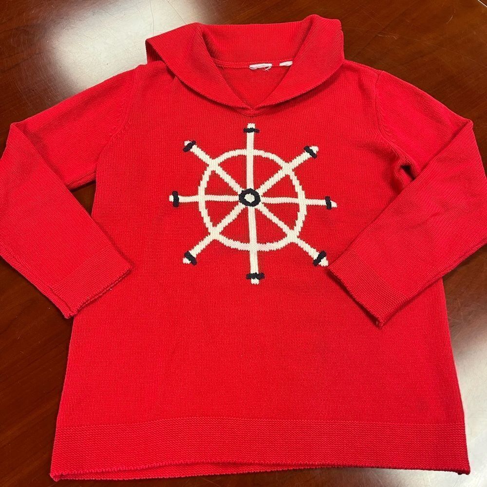Sailing Boat Motif Red Sweater Sailor Back Collar sz L EUC